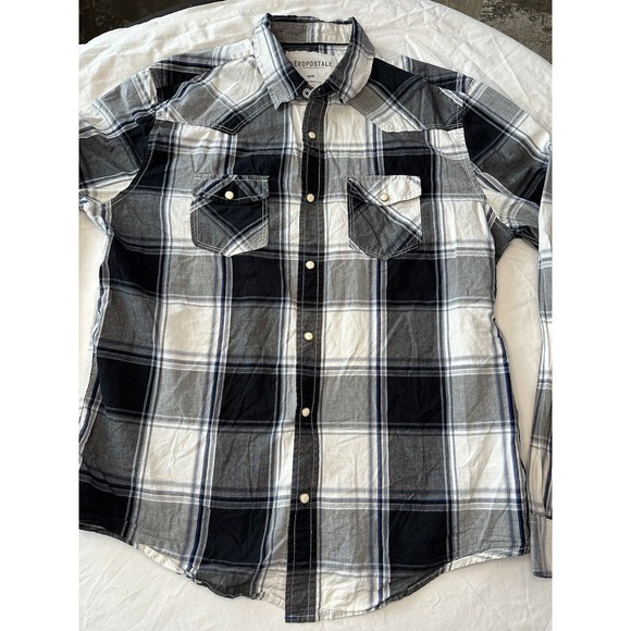 Aeropostale Black/White/Grey Medium Western Plaid Shirt Pearl Snap Long Sleeve - Picture 2 of 12